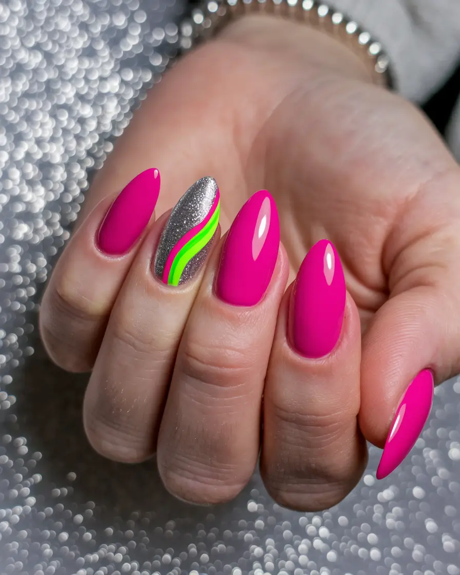 pink summer nails Electric Green Stripes with a Pop