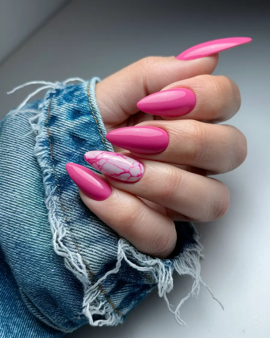 pink summer nails Barbiecore Marble with a Sharp Edge