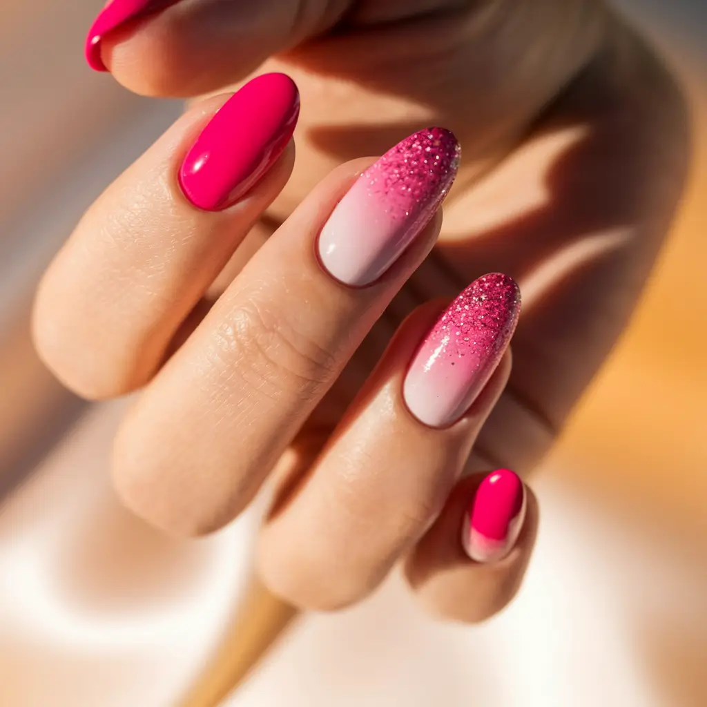 pink summer nails Ombré Sparkle with a Sunset Fade