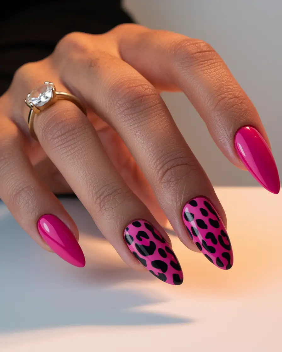 pink summer nails Wild Pink with a Bold Leopard Print