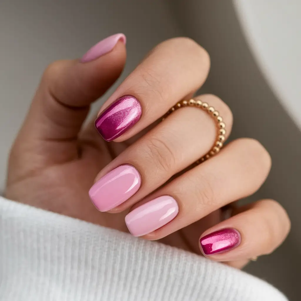 pink summer nails Soft Gloss and Pink Chrome Shimmer