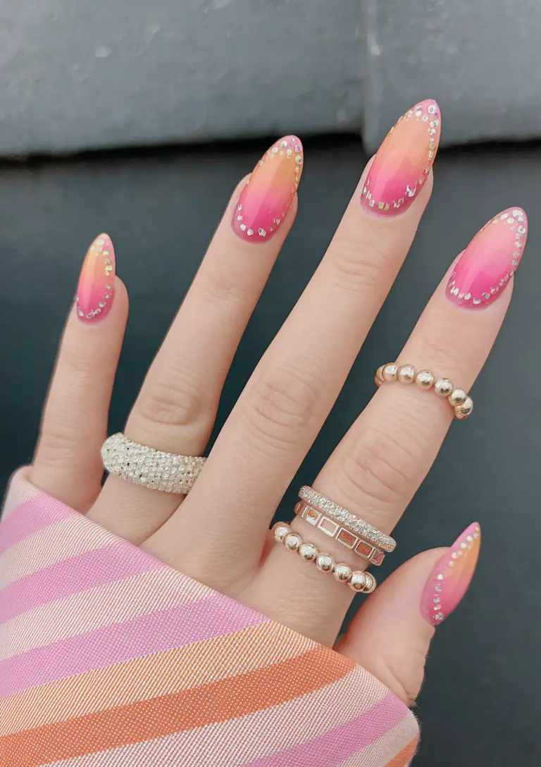 pink summer nails Sunset Fade with Crystal Details