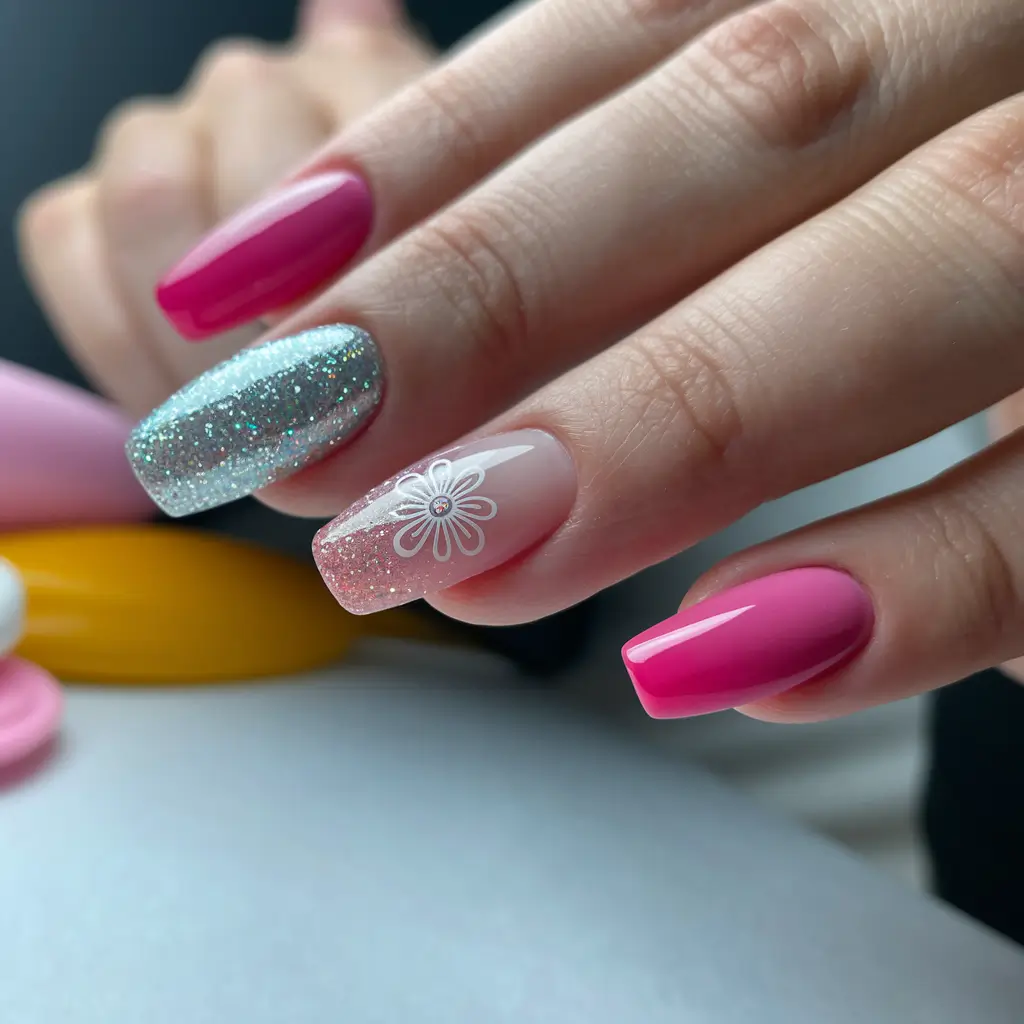 pink summer nails Glitter Accent with Blooming Flower