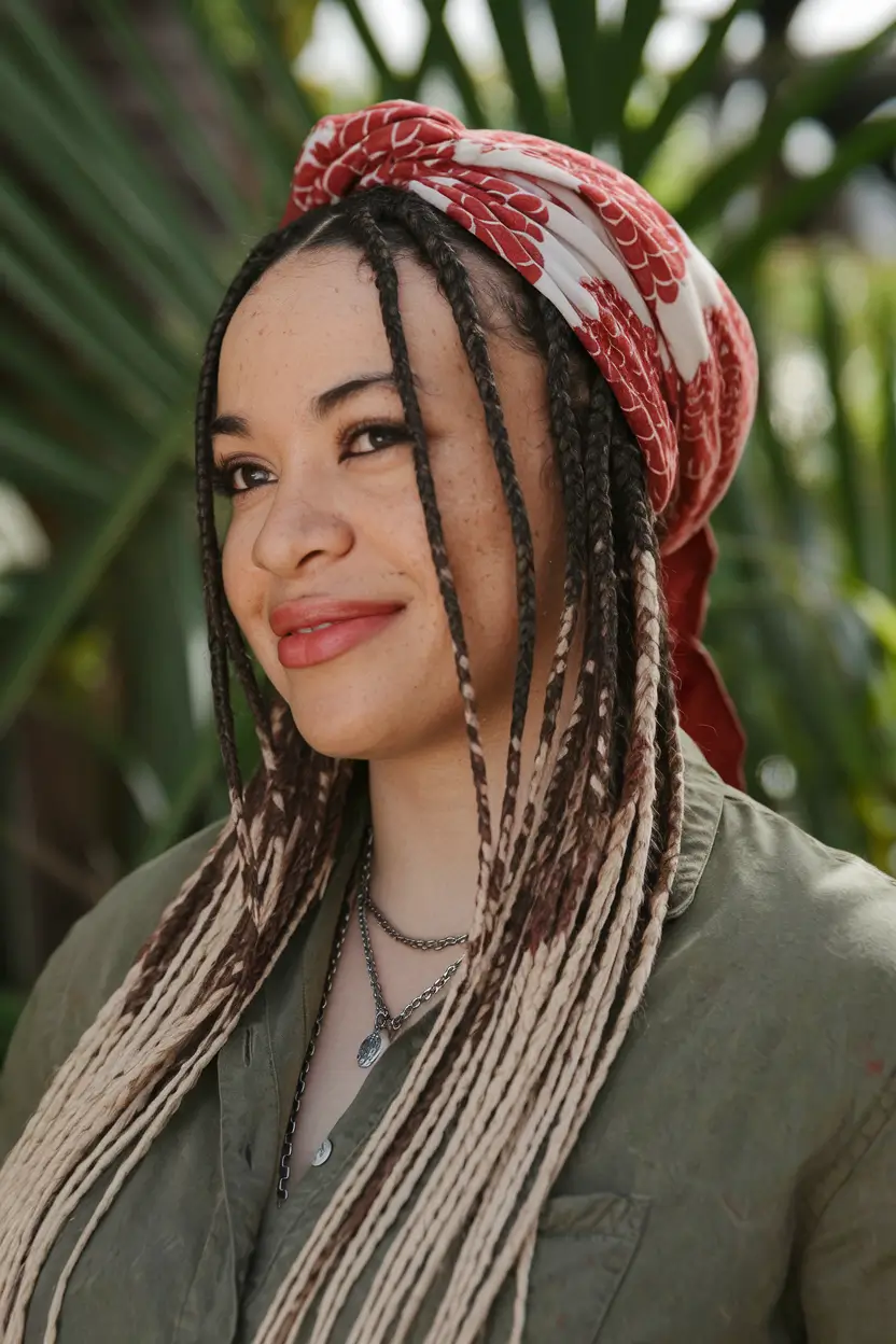 Relaxed Trends Vacation Hairstyles for Summer 2025 Wrapped Blonde-Dipped Braids with a Scarf