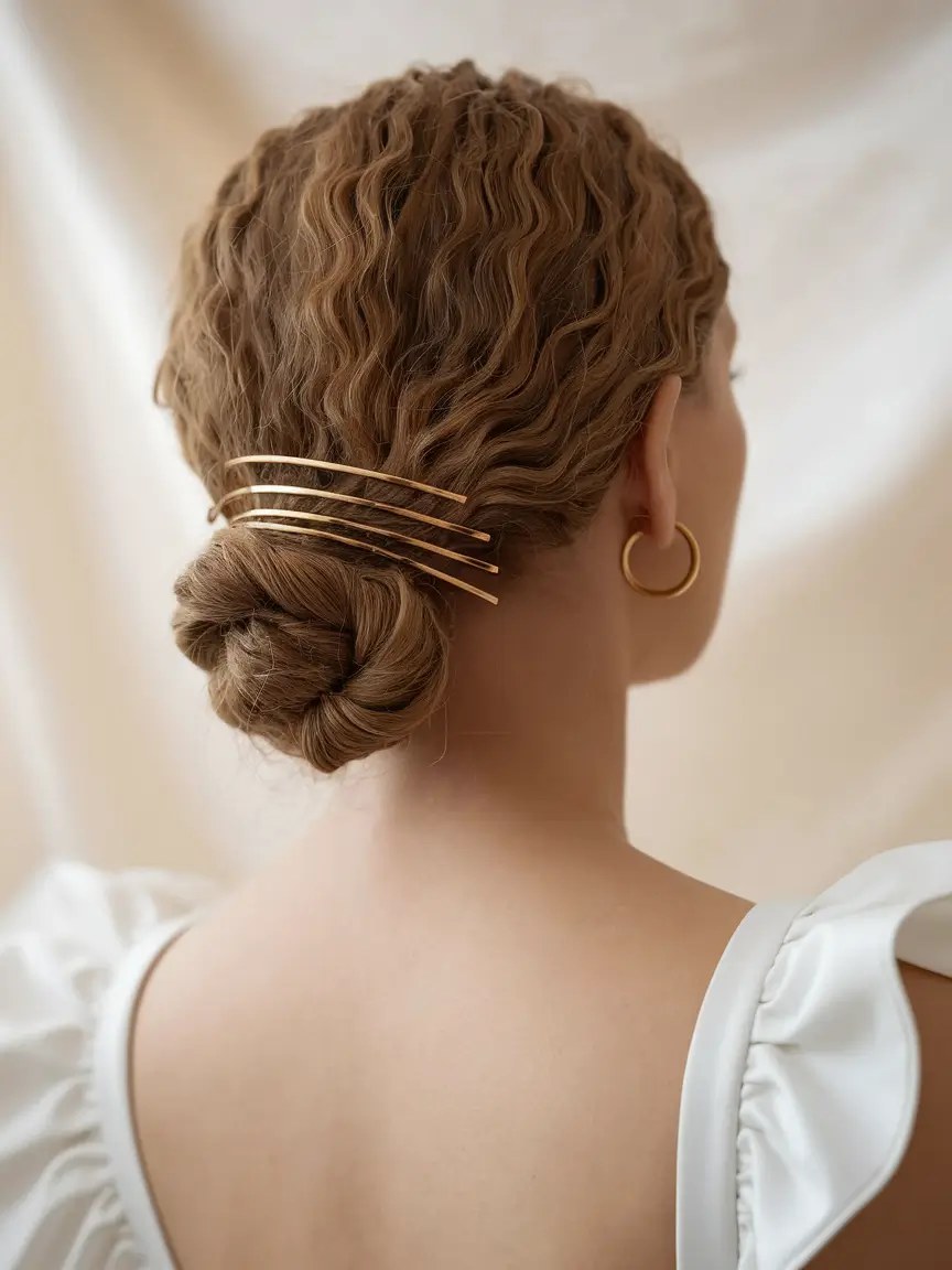 Relaxed Trends Vacation Hairstyles for Summer 2025 Textured Low Bun with Gold Hair Pins