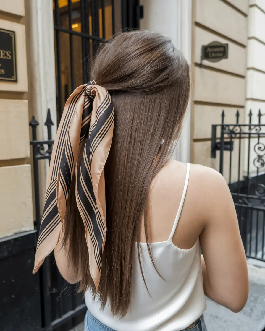 Relaxed Trends Vacation Hairstyles for Summer 2025 Half-Up Style with Statement Silk Scarf