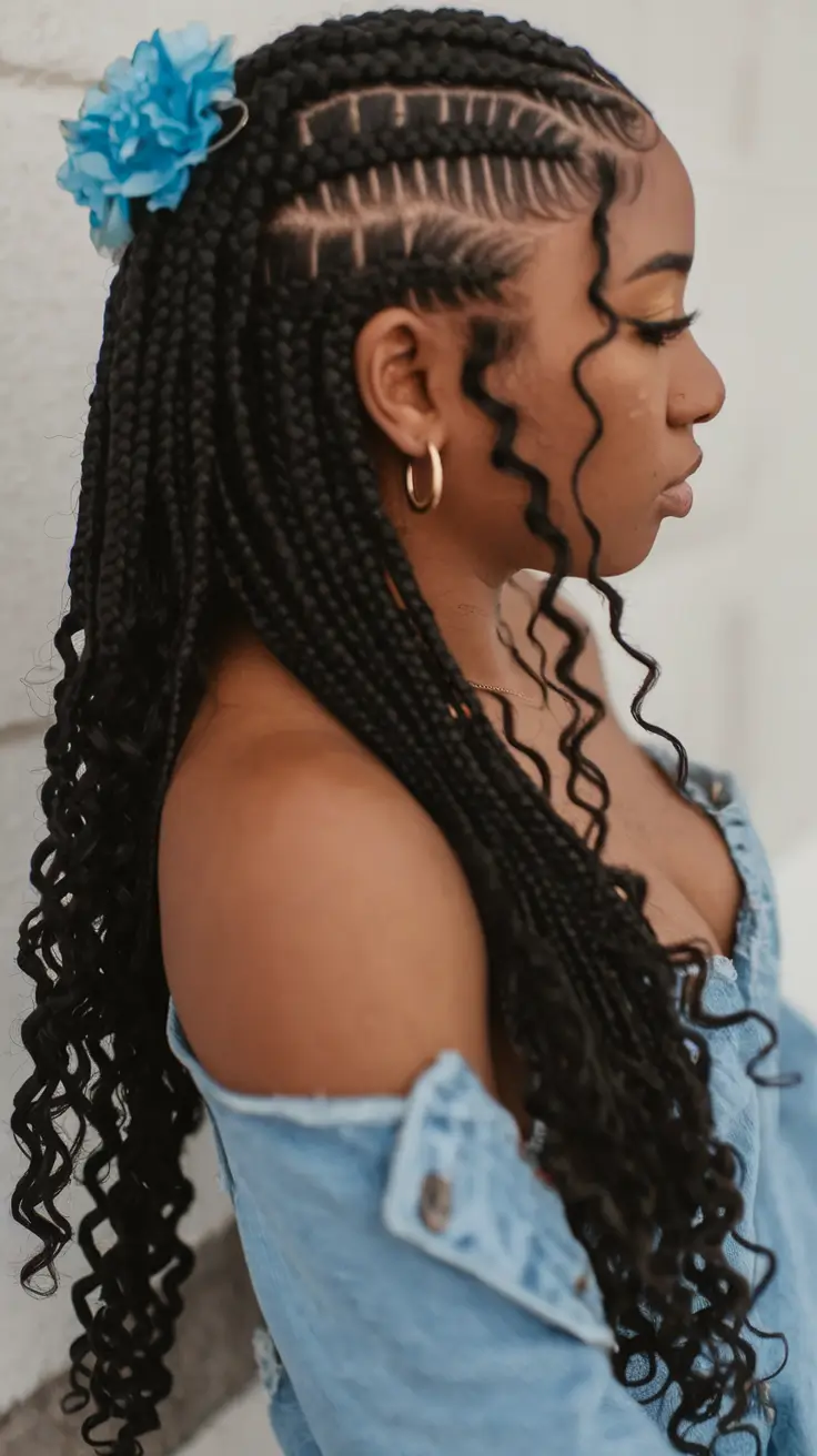 Relaxed Trends Vacation Hairstyles for Summer 2025 Defined Box Braids with Spiral Curls and a Pop of Blue