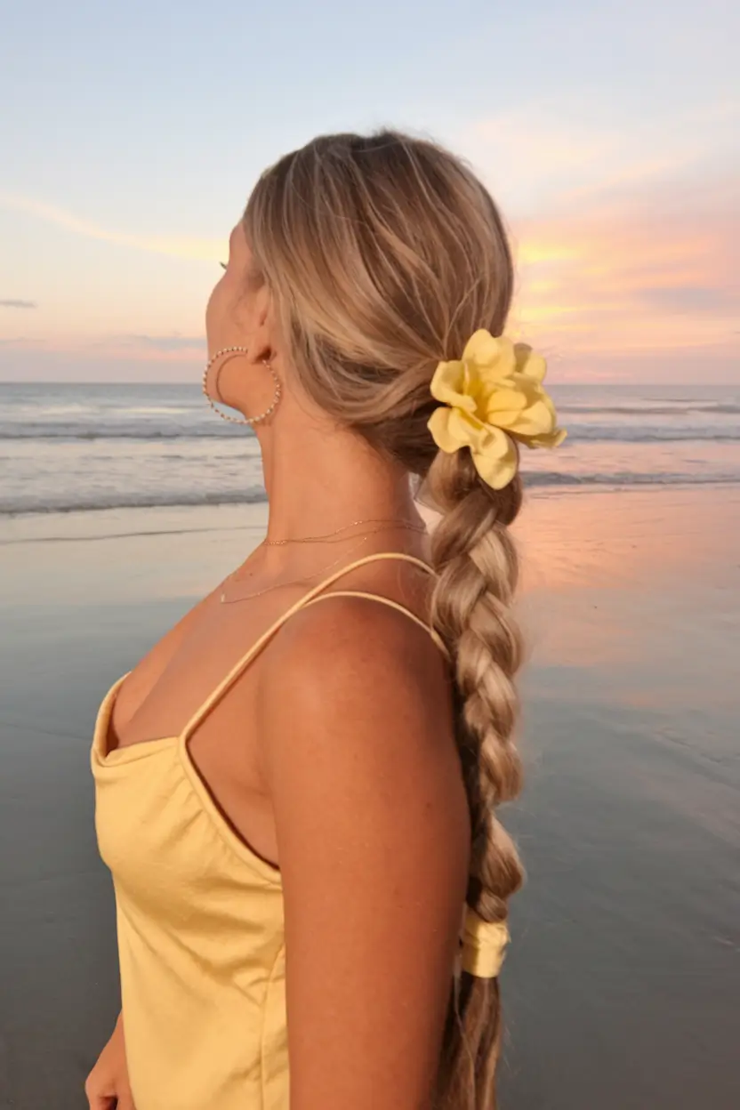 Relaxed Trends Vacation Hairstyles for Summer 2025 Romantic Braid with Yellow Flower Tie