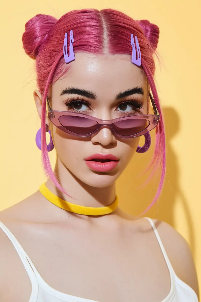 Relaxed Trends Vacation Hairstyles for Summer 2025 Pink Space Buns with Sleek Face Frame