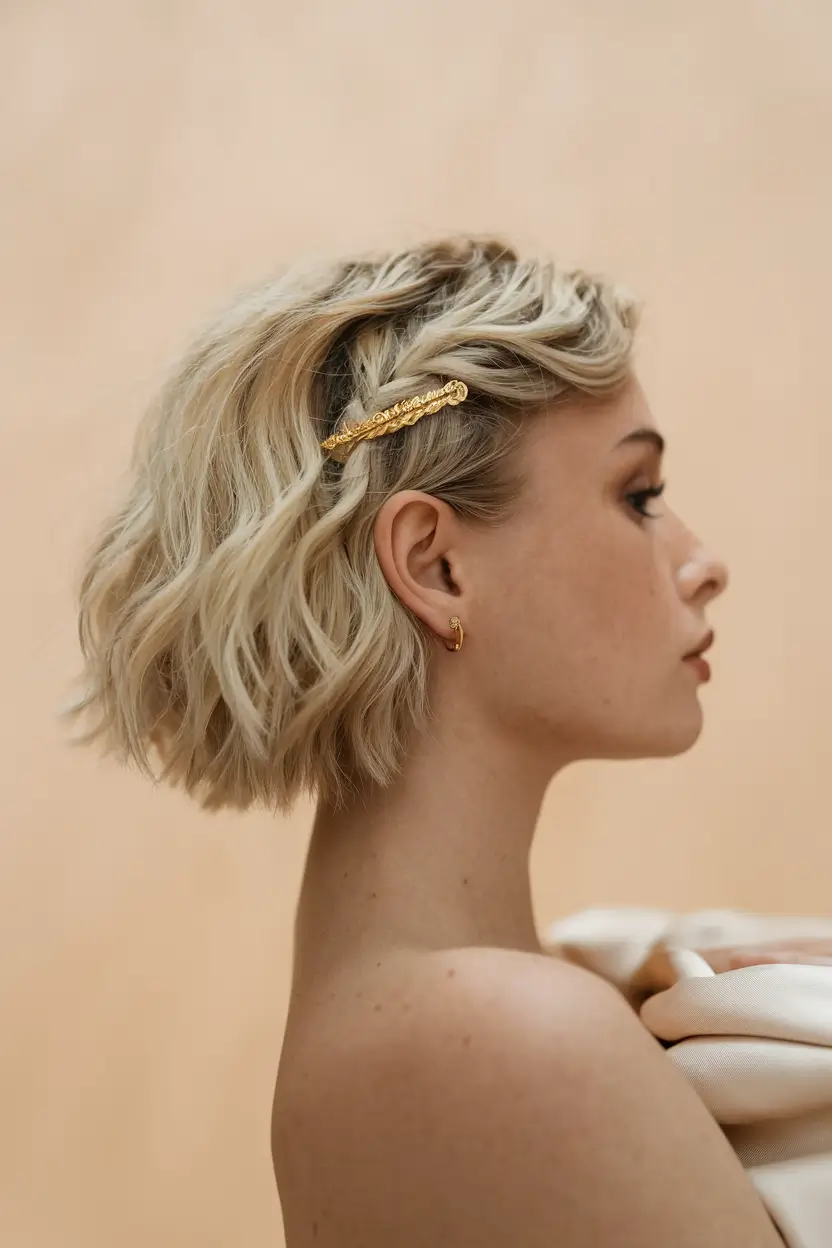 Short Hair, Big Style: Top Summer Looks 2025 Romantic Texture with Golden Details phrasing 2023 hairstyle summer romance slice hair wit golden romantic details 2025 summer fashion hairstyle imagery bg-wordpress