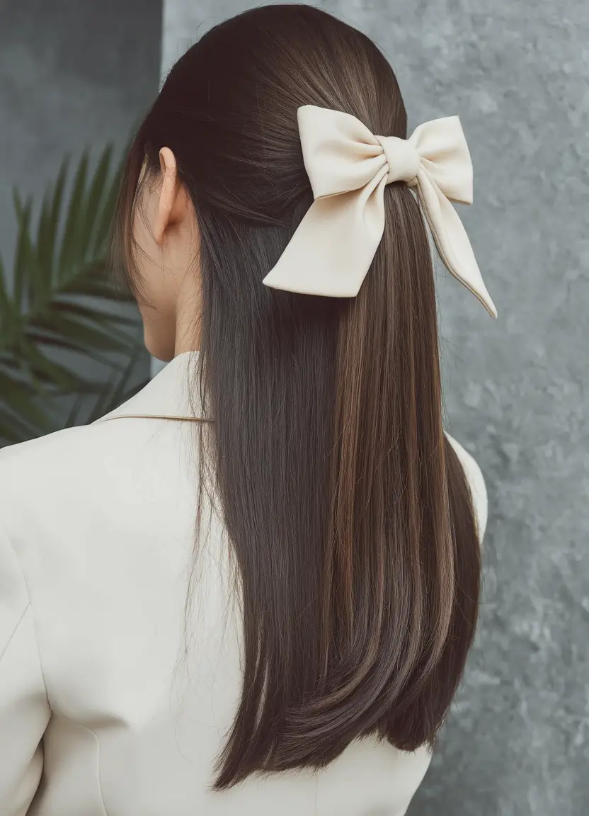 Simple Updos Hairstyles Perfect for Summer 2025! Straight Half-Up with Oversized Cream Bow