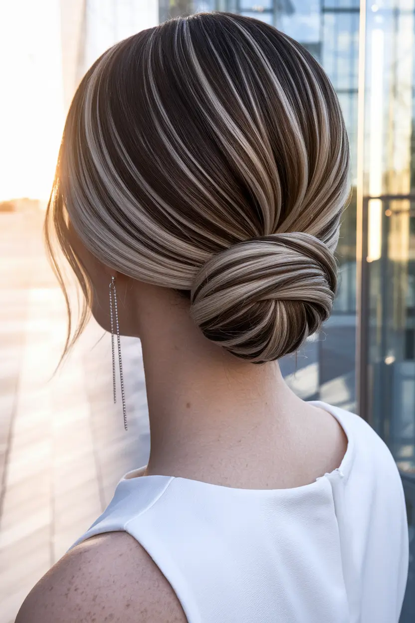 Simple Updos Hairstyles Perfect for Summer 2025! Sleek Twisted Chignon with High Contrast Highlights