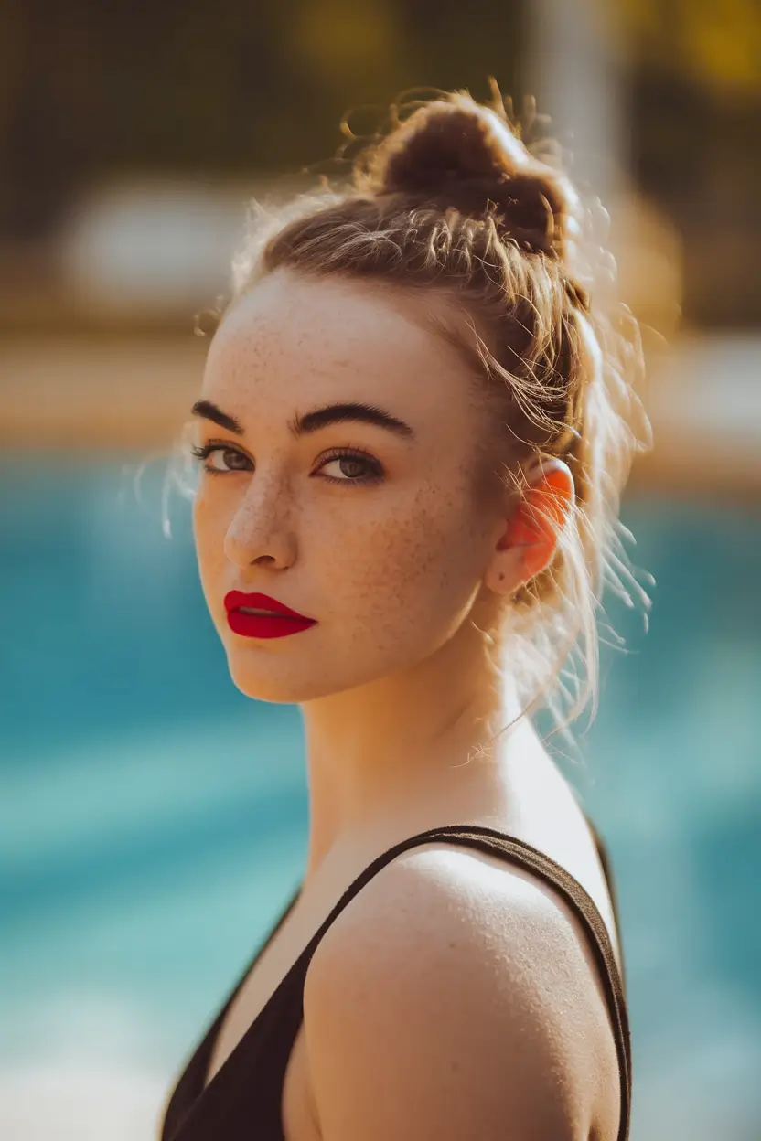 Stay Stylish: Swimming Hairstyles for Summer 2025 Wind-Swept Top Knot with Attitude