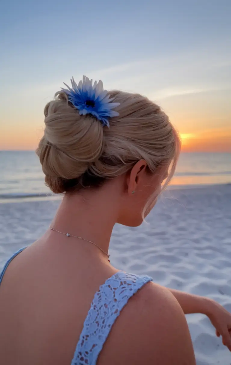 Stay Stylish: Swimming Hairstyles for Summer 2025 Classic Chignon with a Floral Pop