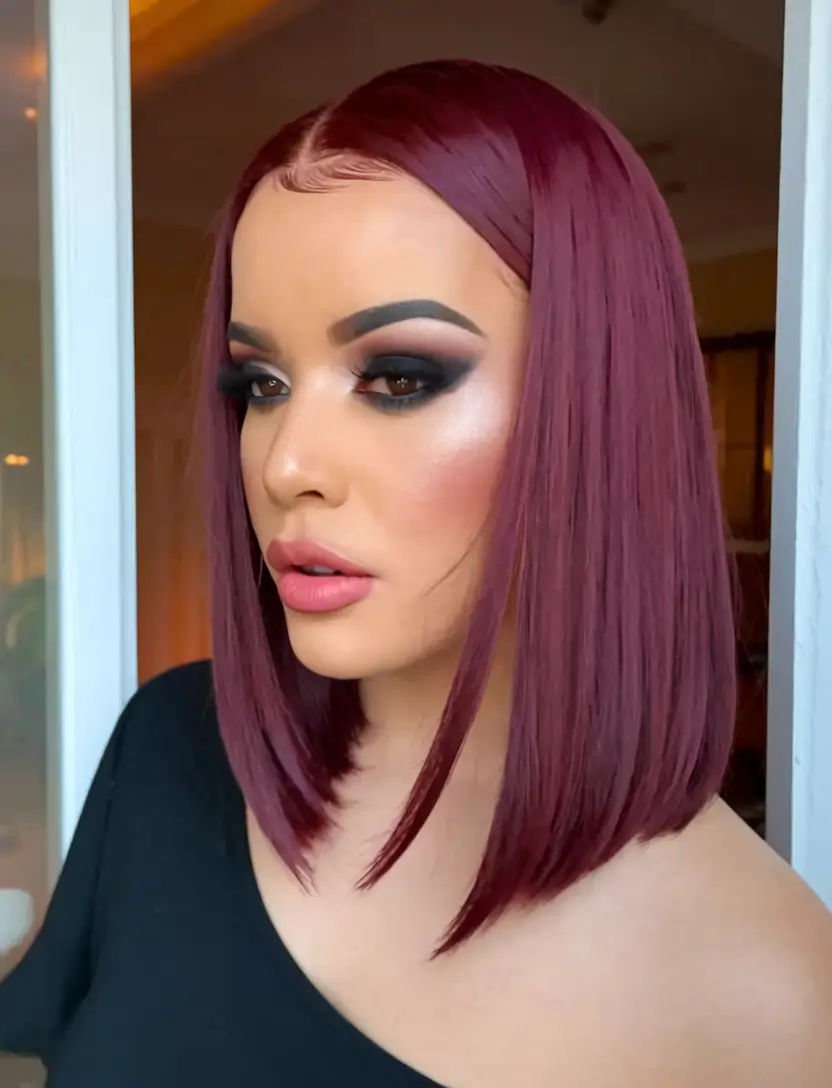 Stylish & Easy Wig Ideas to Try Summer 2025! Glossy Merlot Blunt Cut with Invisible Parting