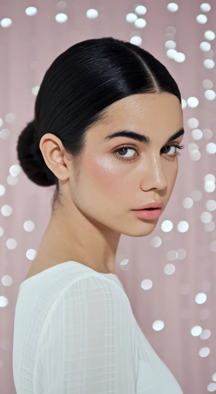 Stylish Summer Hairstyles for Medium Hair 2025 Low Center-Parted Bun with Summer Sheen