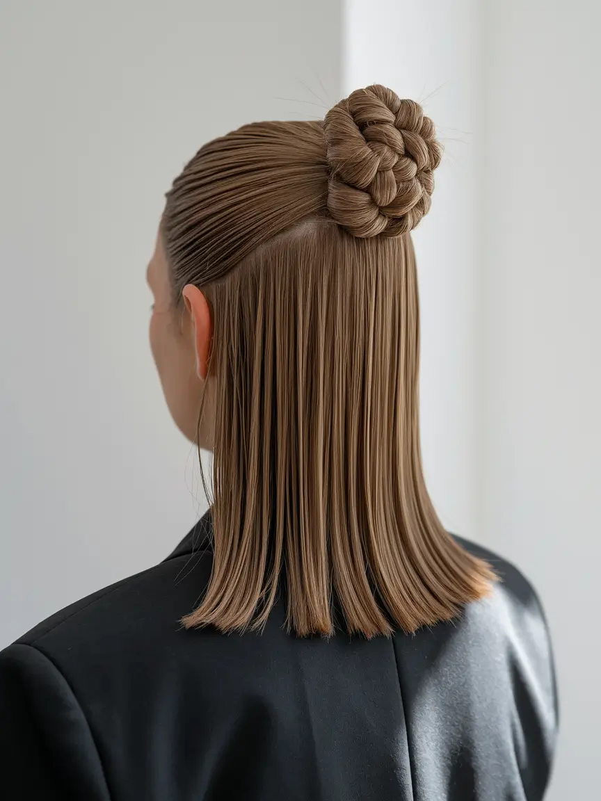Stylish Summer Hairstyles for Medium Hair 2025 Half-Up Rope Bun with Sleek Strands