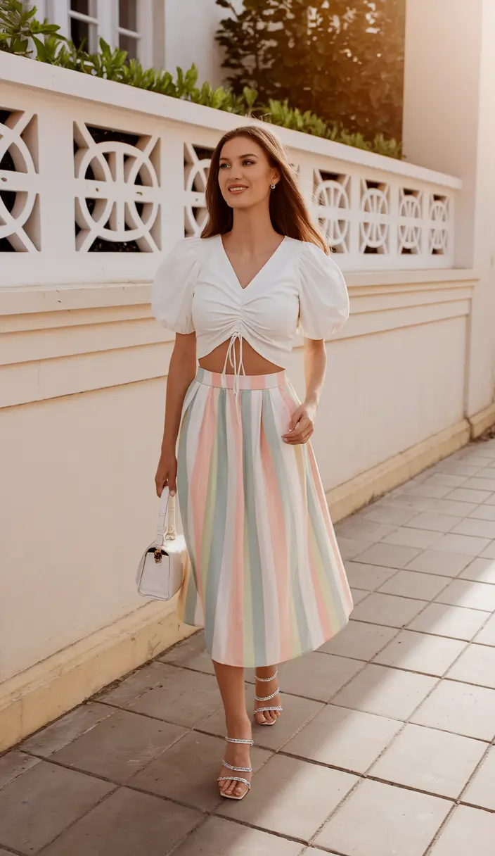 Summer Basic Outfit Ideas 2025 Pastel Stripes and Puff Sleeve Playfulness
