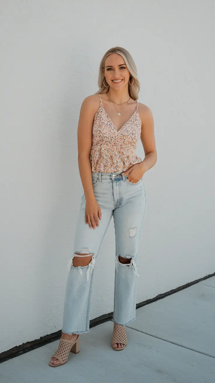 Summer Basic Outfit Ideas 2025 Floral Tops and Ripped Denim