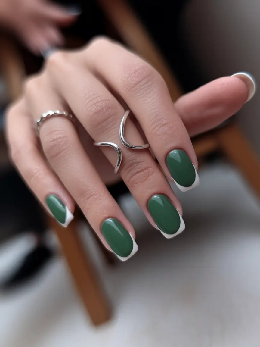 summer french nails ideas 2025 Chic Forest Green with a Modern French Twist