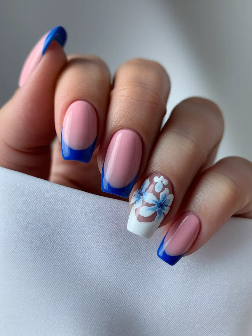 summer french nails ideas 2025 Hibiscus Blue with Hand-Painted Detail