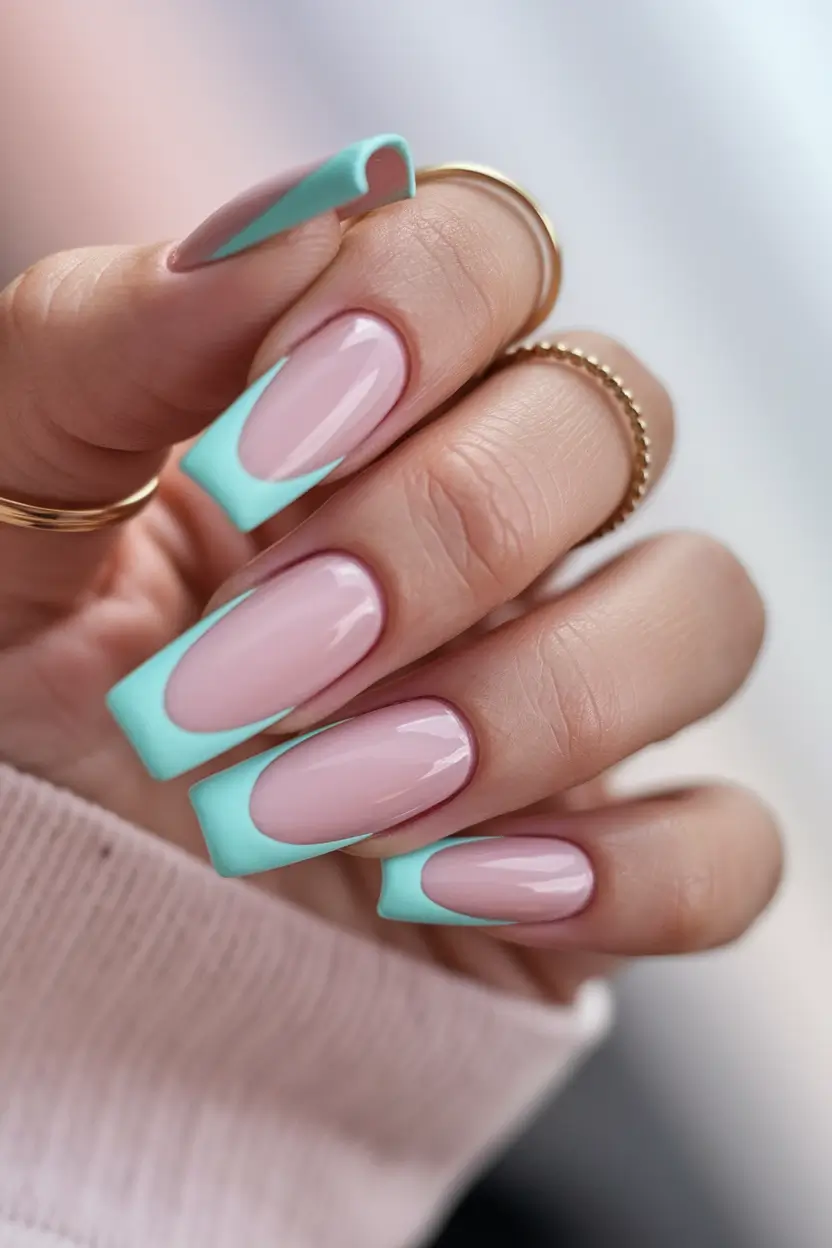 summer french nails ideas 2025 Cool Mint with Square Drama