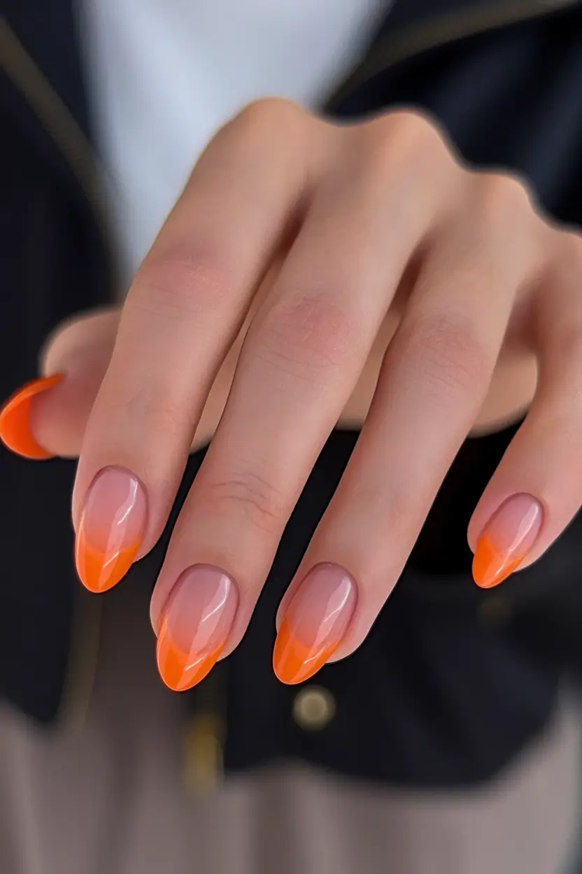 summer french nails ideas 2025 Tangerine Twist with Almond Energy