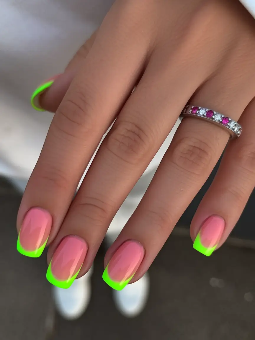 summer french nails ideas 2025 Glossy Lime Pop on Peachy Pink
