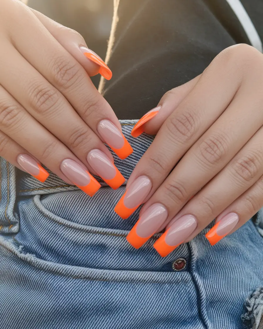 summer french nails ideas 2025 Retro Orange Block on Classic Almonds