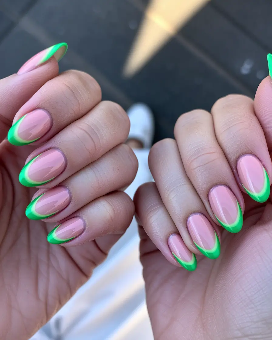 summer french nails ideas 2025 Soft Green Waves on Almond Nudes