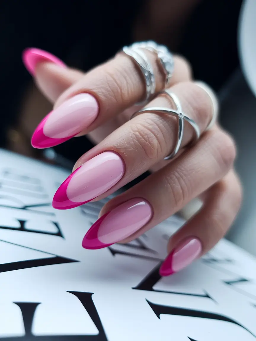 summer french nails ideas 2025 Glossy Rose and Hot Pink Drama