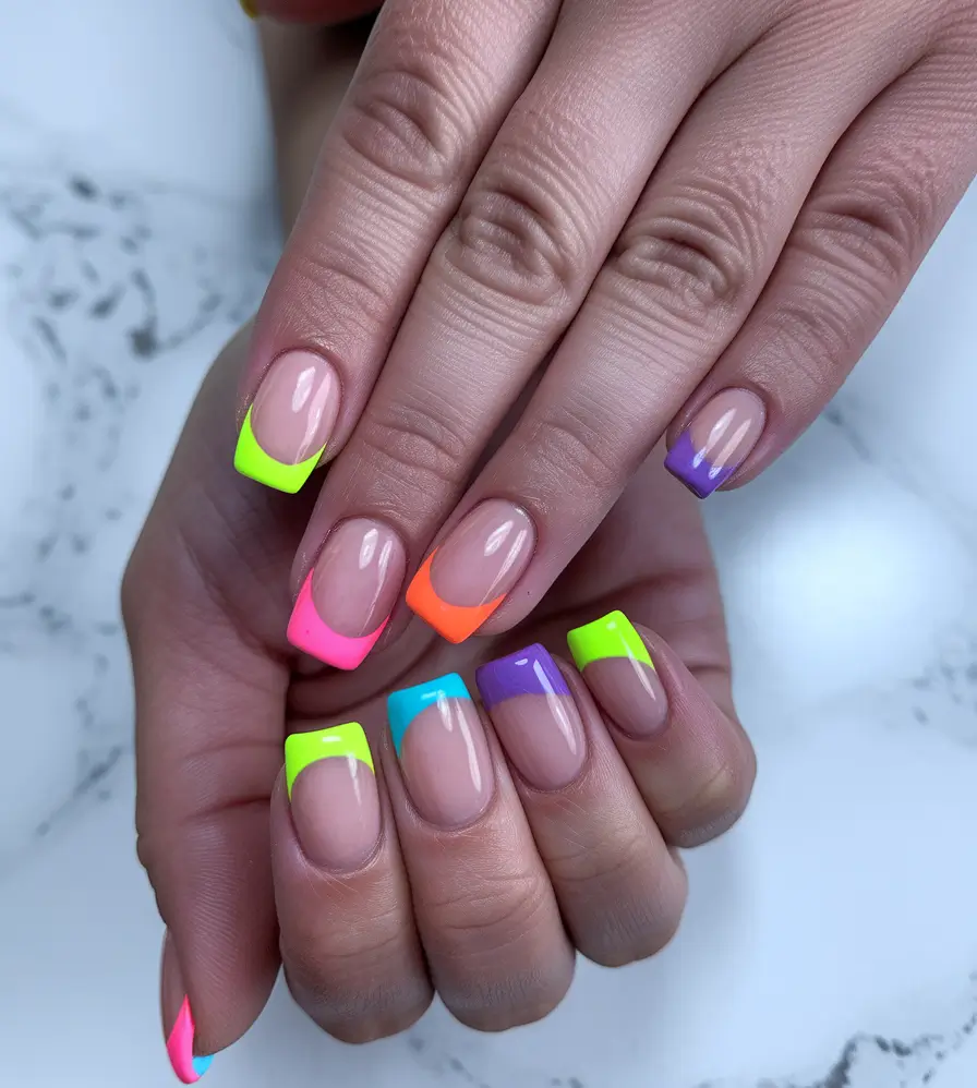 summer french nails ideas 2025 Skittles French: Rainbow Edition