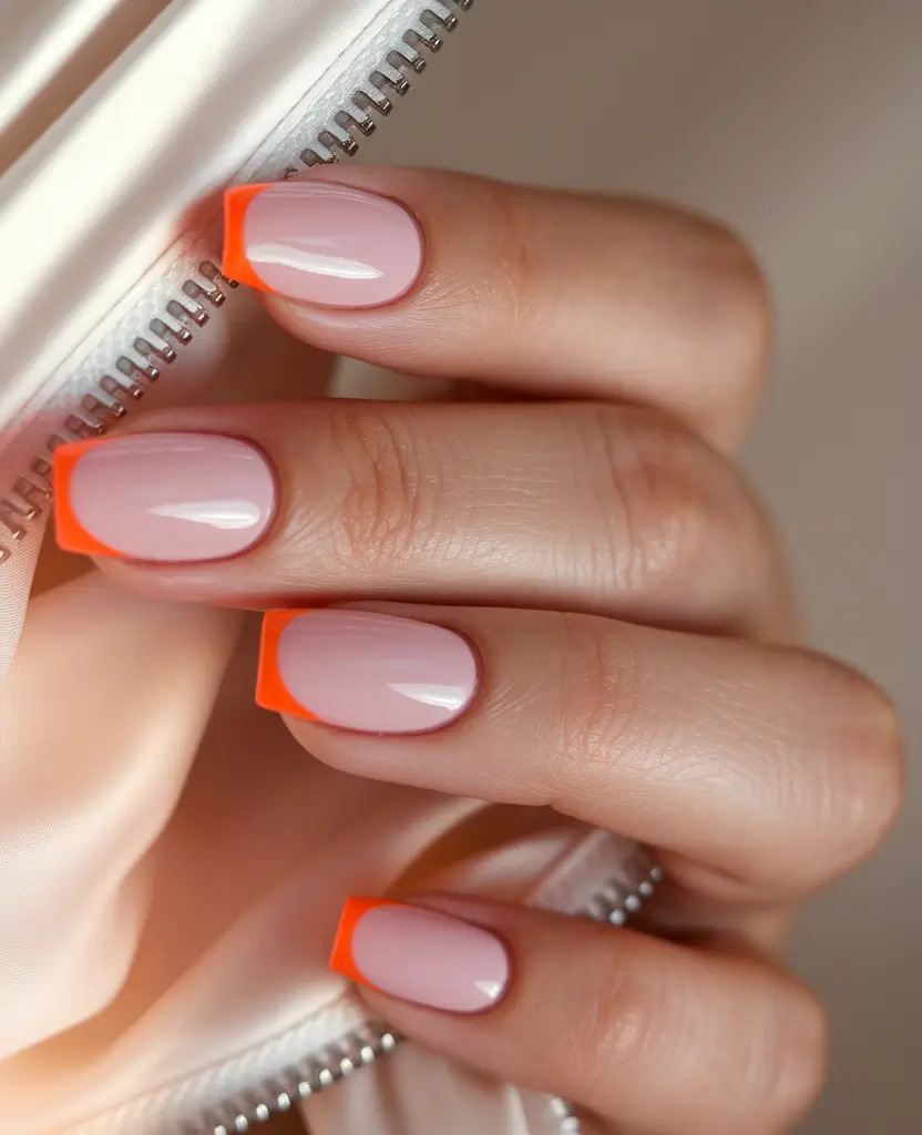 summer french nails ideas 2025 Micro Neon Orange with a Clean Square Base