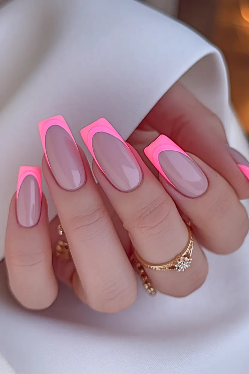 summer french nails ideas 2025 Retro Barbiecore Pink Geometric Tips