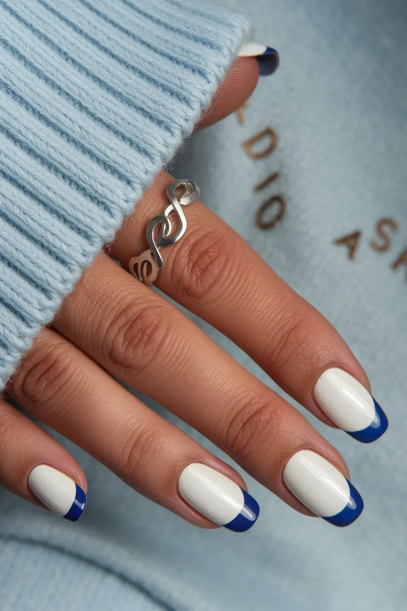 summer french nails ideas 2025 Classic Blue French with a Crisp White Base