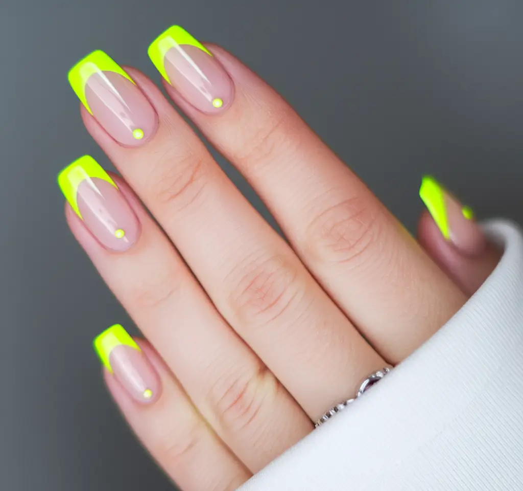 summer french nails ideas 2025 Neon Glow with Geometric Balance