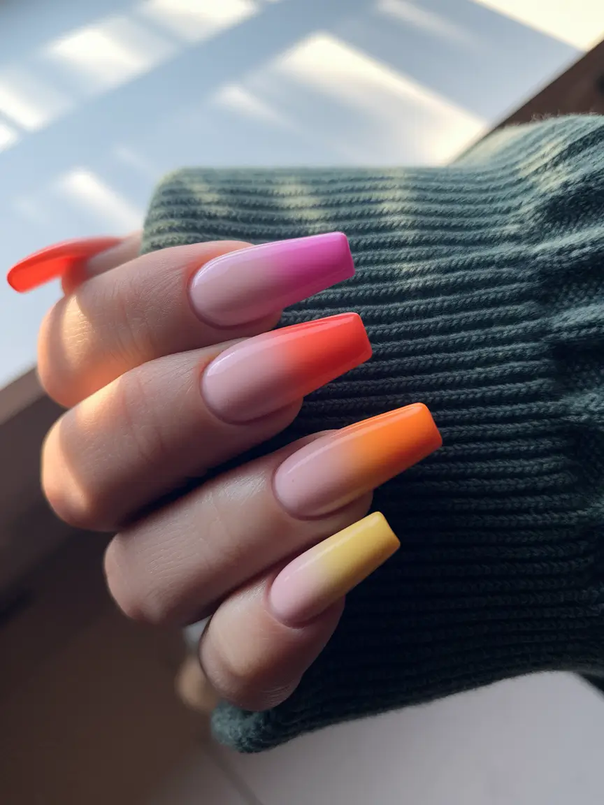 summer french nails ideas 2025 Sunset Ombré for Long Acrylic Days