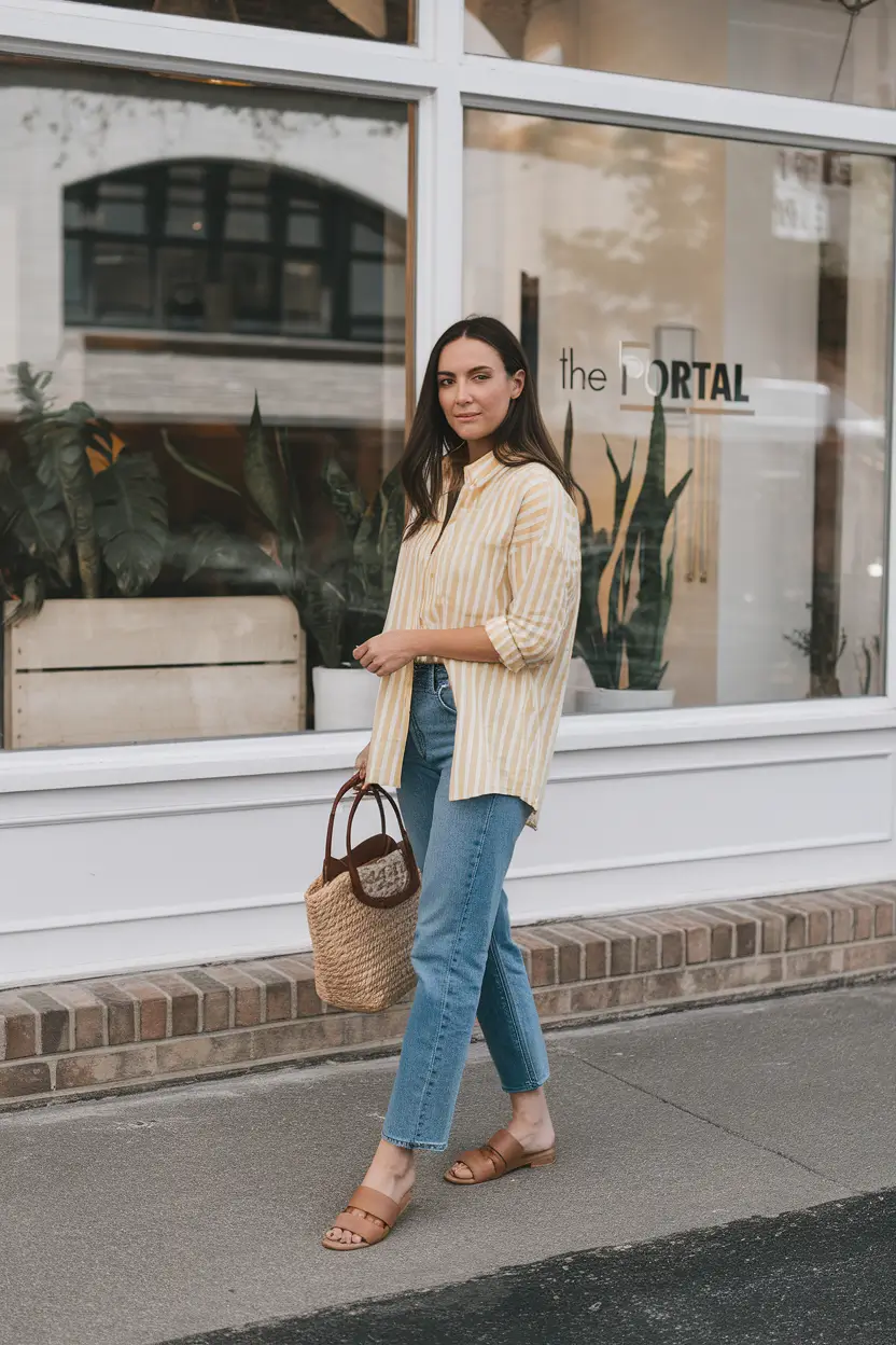 summer mom outfits ideas 2025 Stripes, Denim & Straw—An Effortless Summer Starter