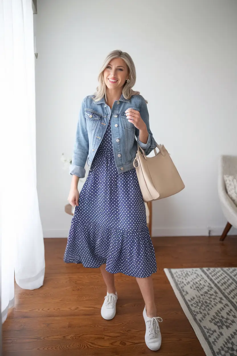 summer mom outfits ideas 2025 Polka Dots, Sneakers & That Denim Jacket Glow