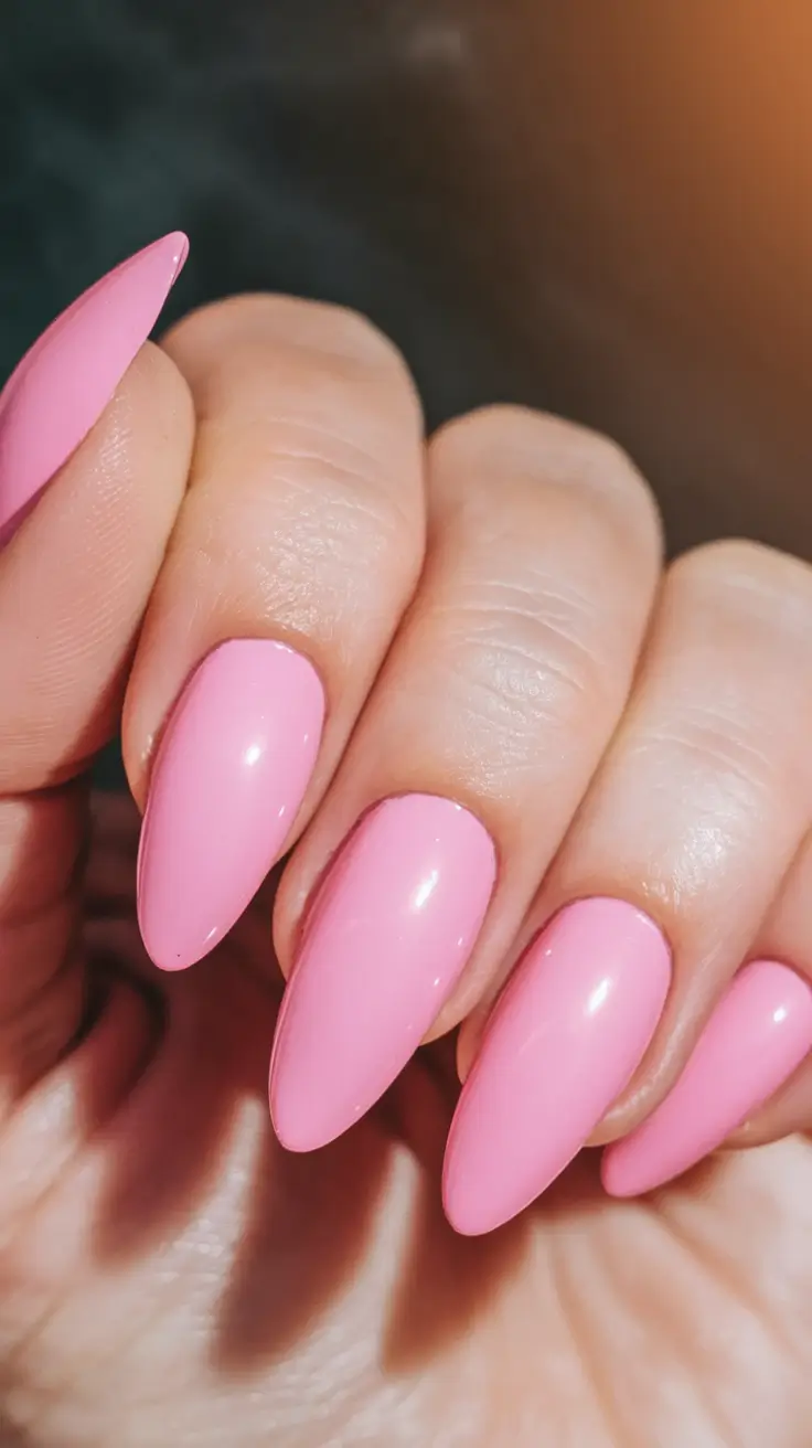 Tropical Vacation Nails for Summer 2025 Glossy Pink Almond for That Rosé All Day Mood