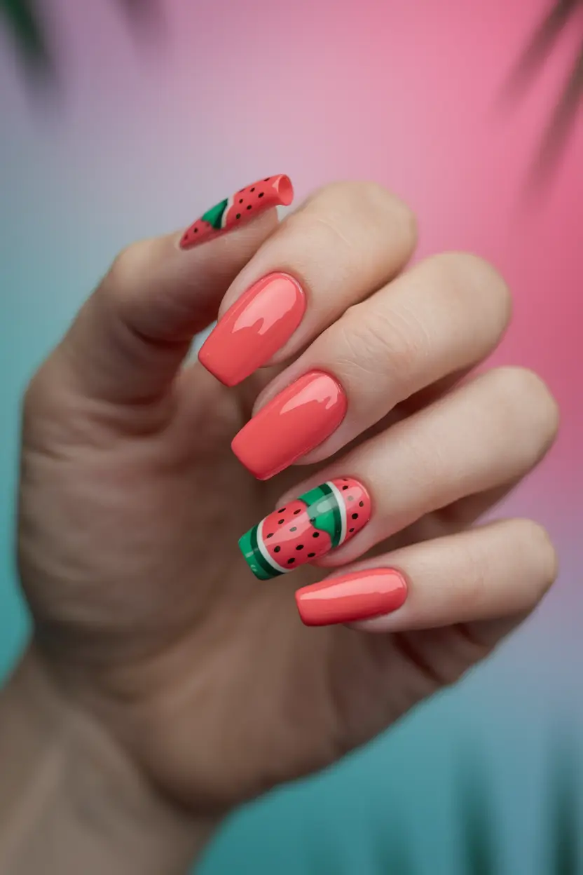 Tropical Vacation Nails for Summer 2025 Watermelon Mojito Charm