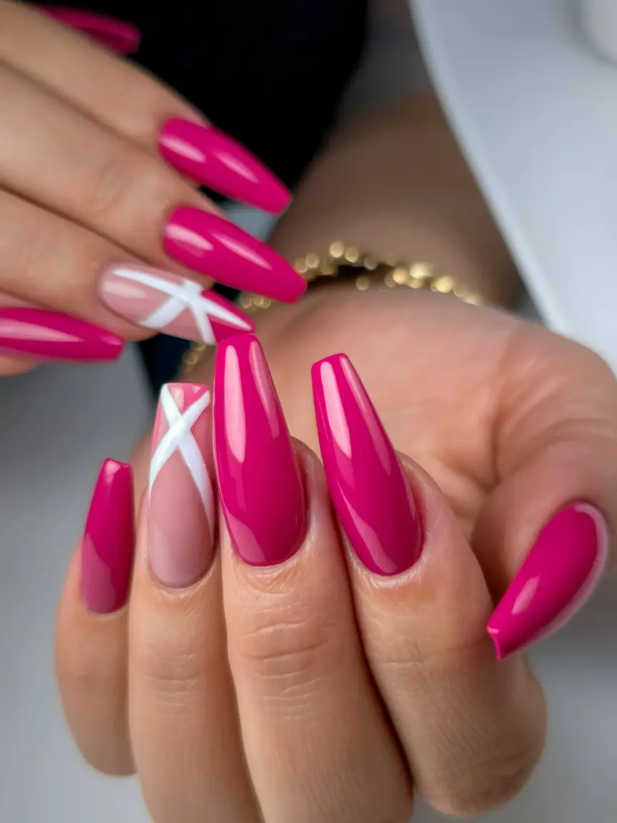 Tropical Vacation Nails for Summer 2025 Hot Pink with a Graphic White Crossover