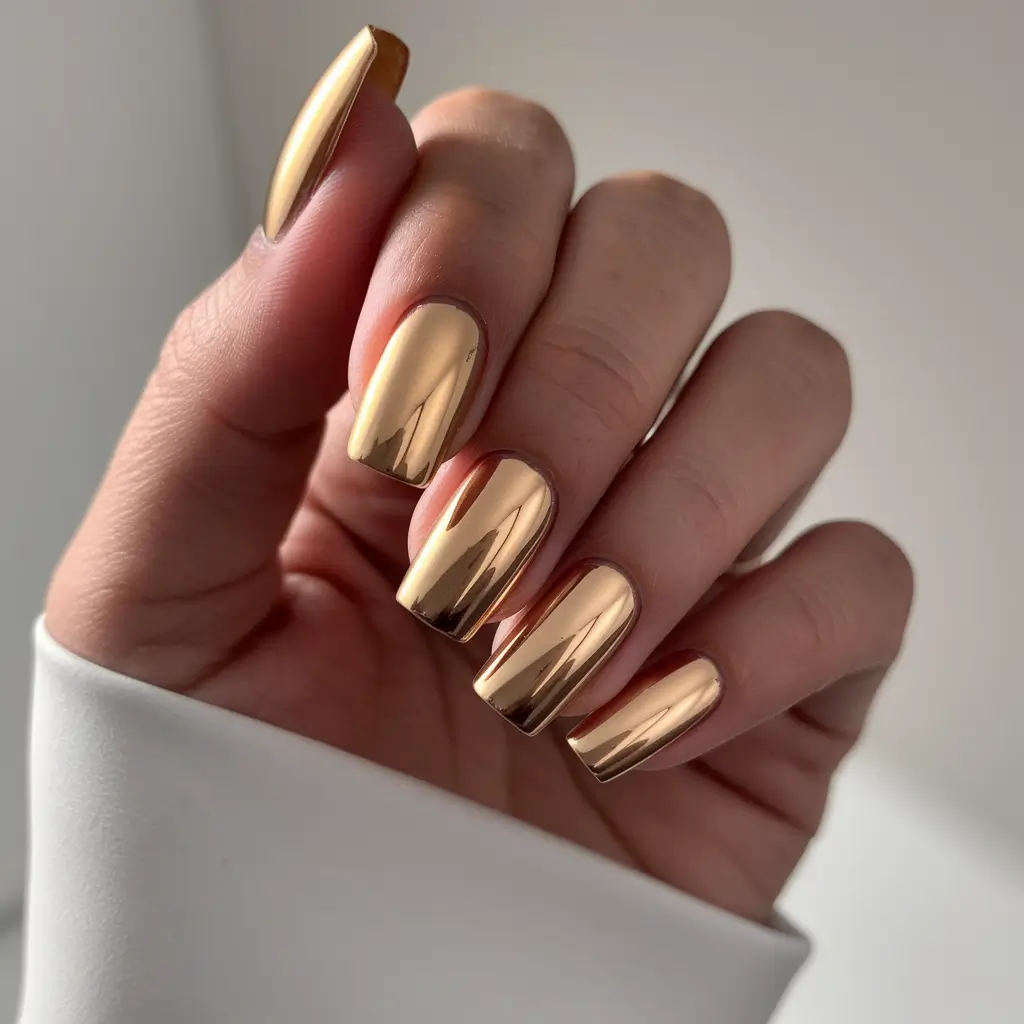 vacation nails ideas 2025 Golden Chrome for Luxe Island Vibes
