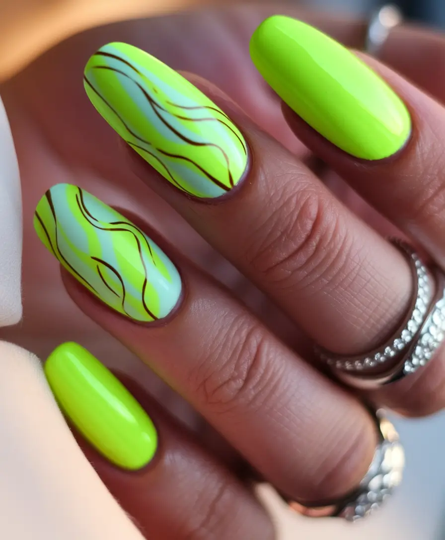 vacation nails ideas 2025 Lime Energy with Psychedelic Lines