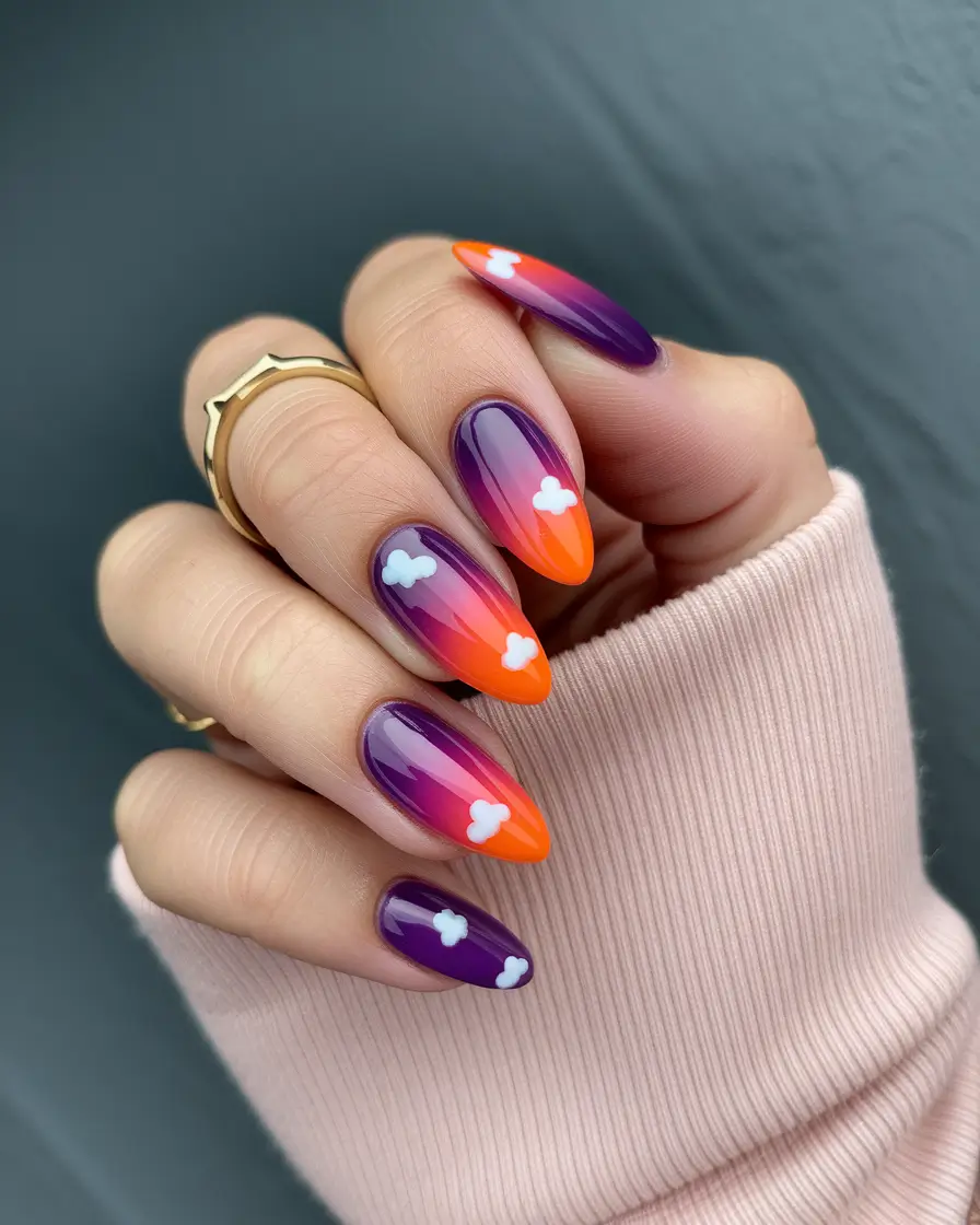 vacation nails ideas 2025 Sunset Skies and Mini Clouds