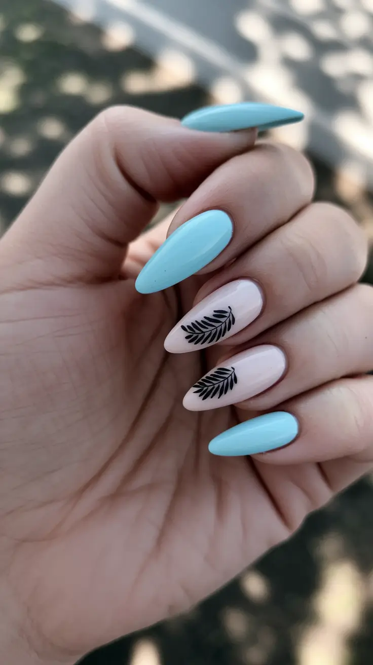 vacation nails ideas 2025 Minimalist Blue & Leafy Tropic Vibes
