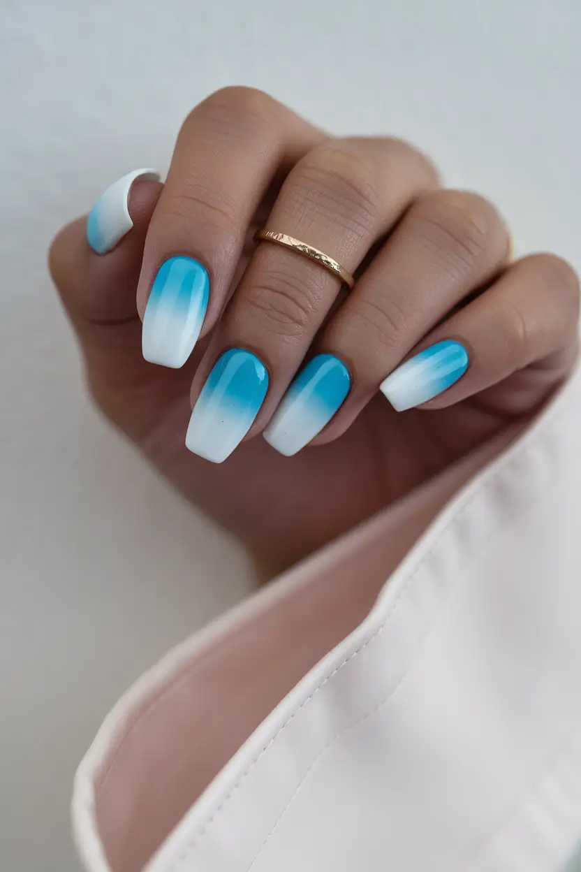 vacation nails ideas 2025 Blue & White Ocean Fade
