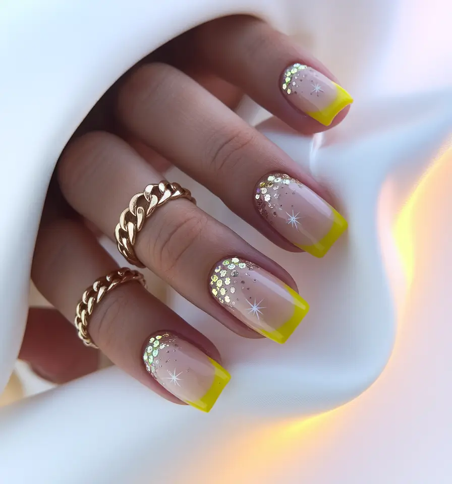 vacation nails ideas 2025 Glitter Tipped Lemonade French