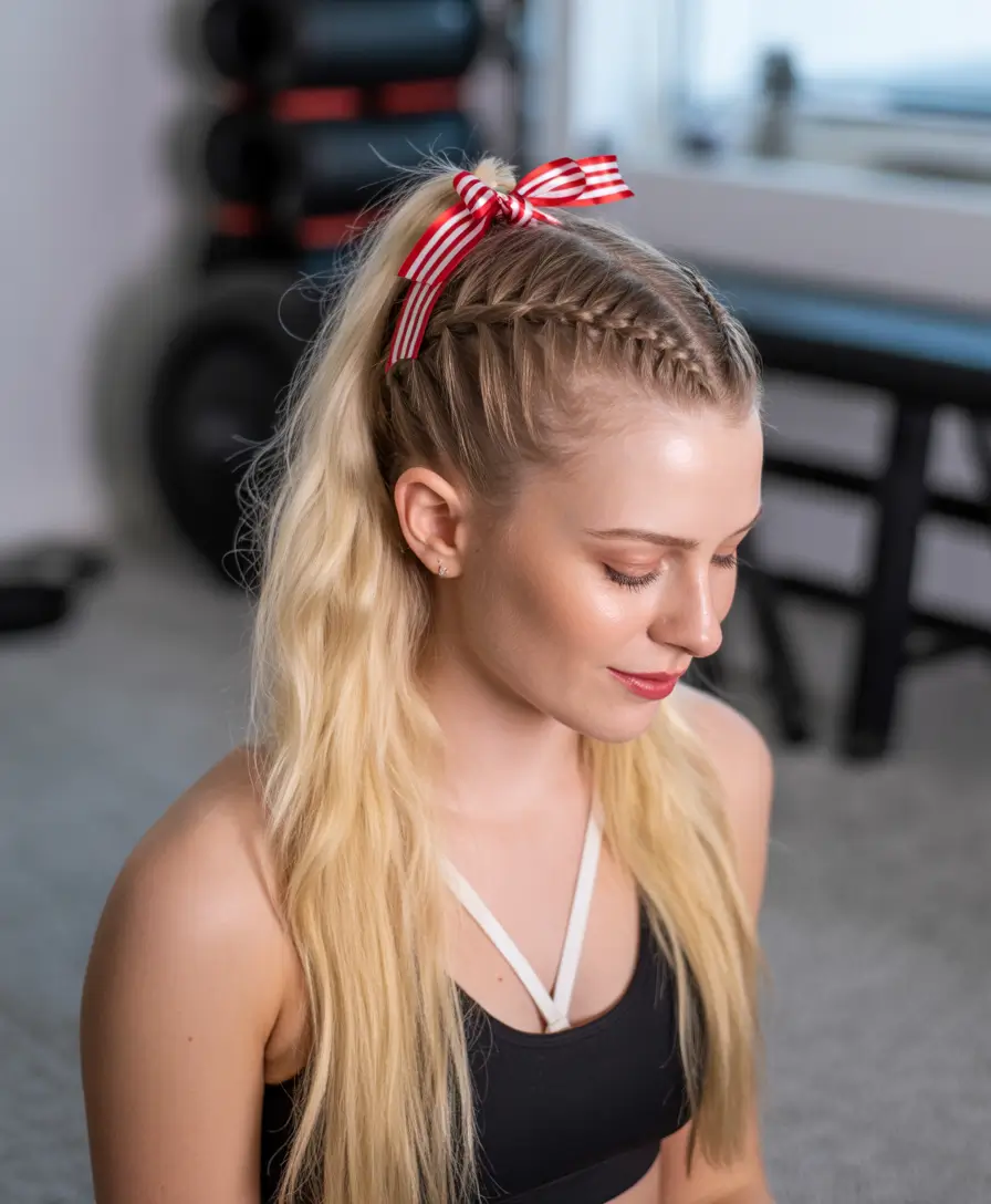 Women Hairstyles for Volleyball - Summer 2025! High Ponytail with Accent Braid and Ribbon