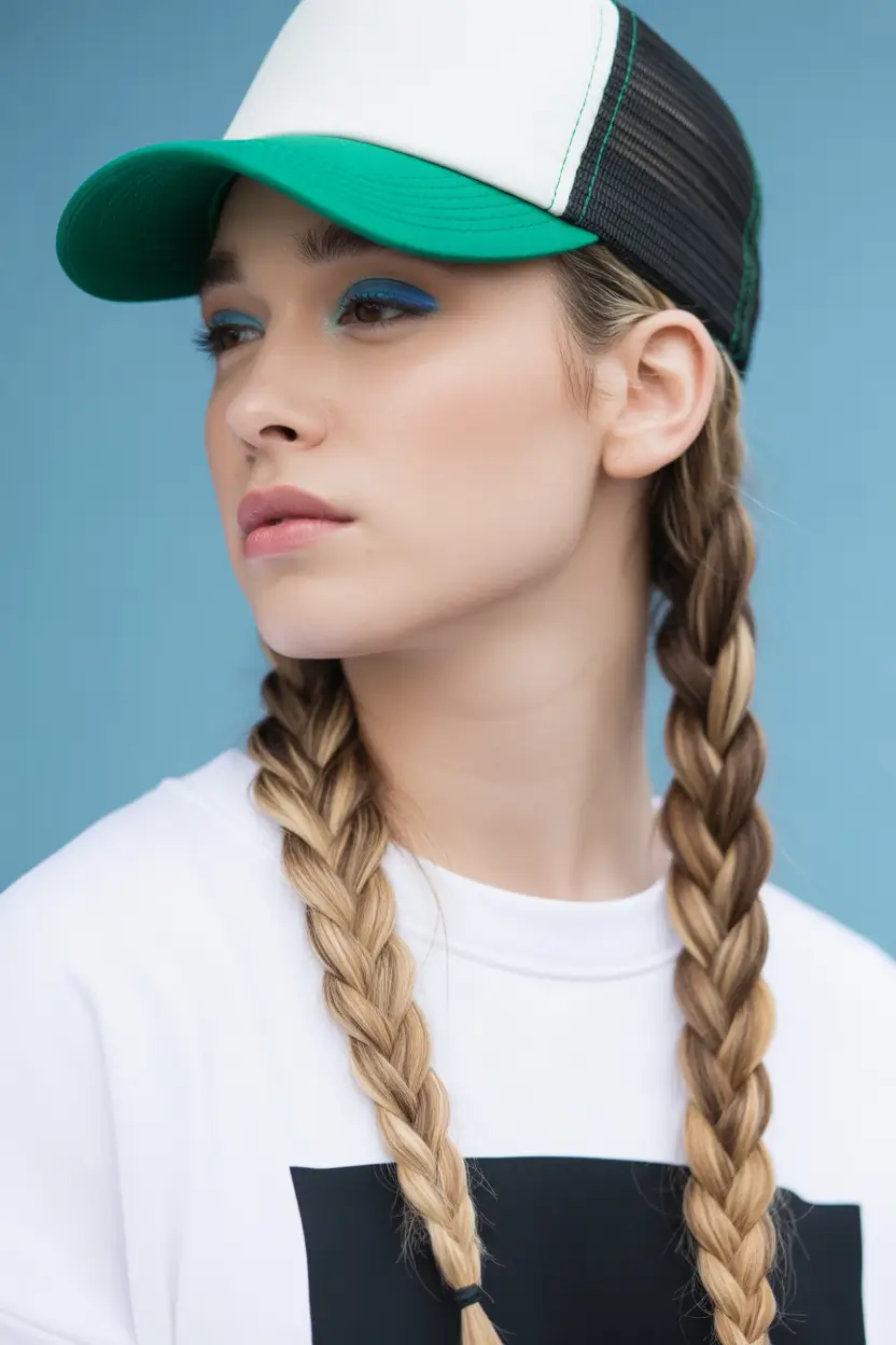 Women Hairstyles for Volleyball - Summer 2025! Low Double Braids with Baseball Cap